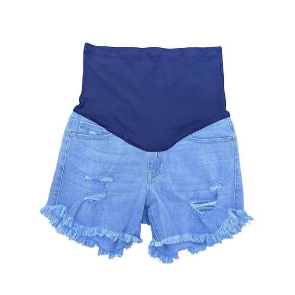 PinkBlush Maternity Shorts Light Blue Denim Distressed Full Belly Panel - Picture 1 of 11